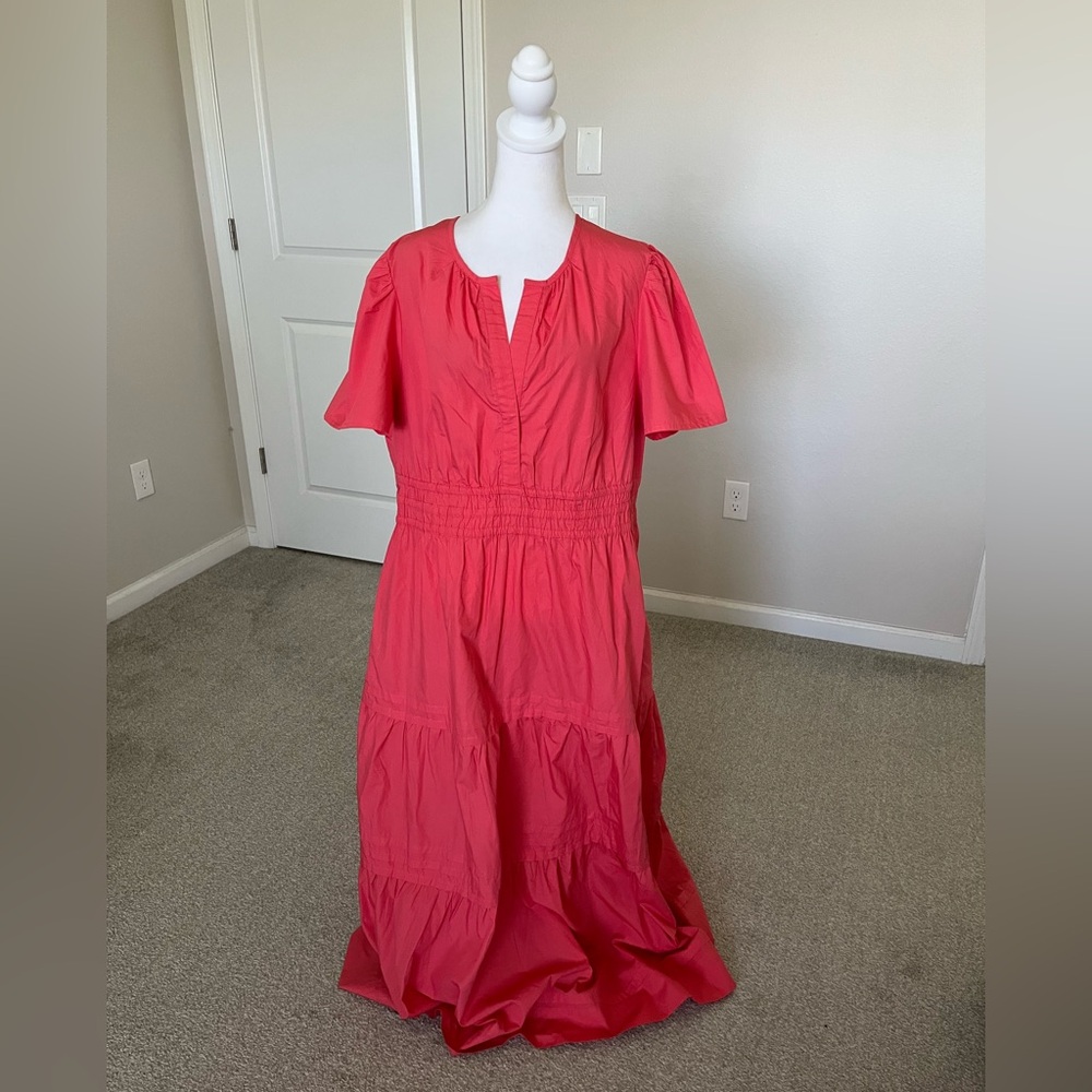 NWT Quince 100% Organic Cotton Poplin Tiered Maxi Dress Size L in Spiced Coral